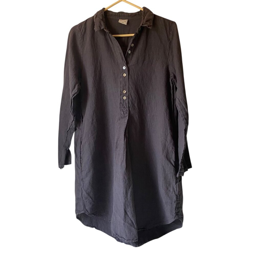 Pure Match Button-Up Charcoal Linen Oversize Tunic Shirt‎ Dress USA Lagenlook L